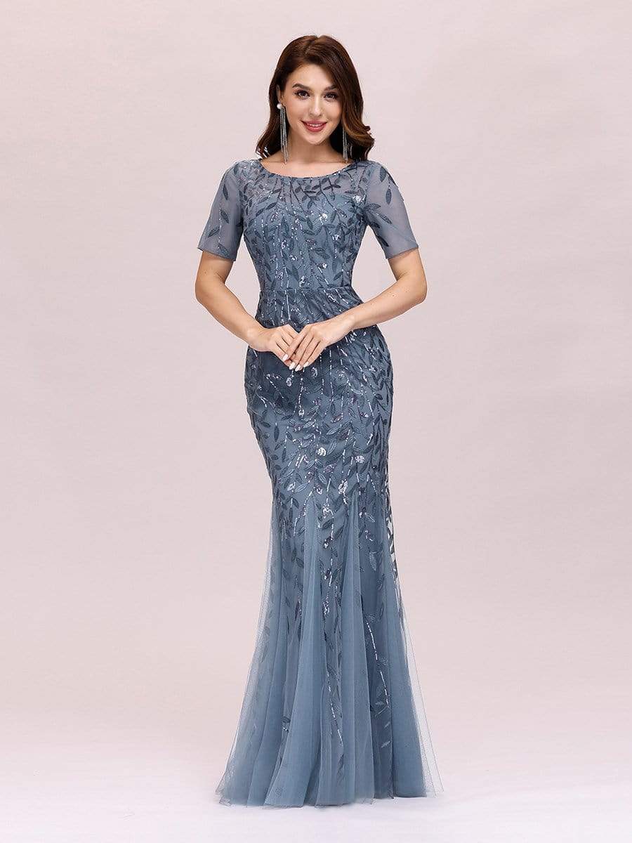 COLOR=Dusty Navy | Floral Sequin Print Maxi Long Fishtail Tulle Dresses With Half Sleeve-Dusty Navy 3