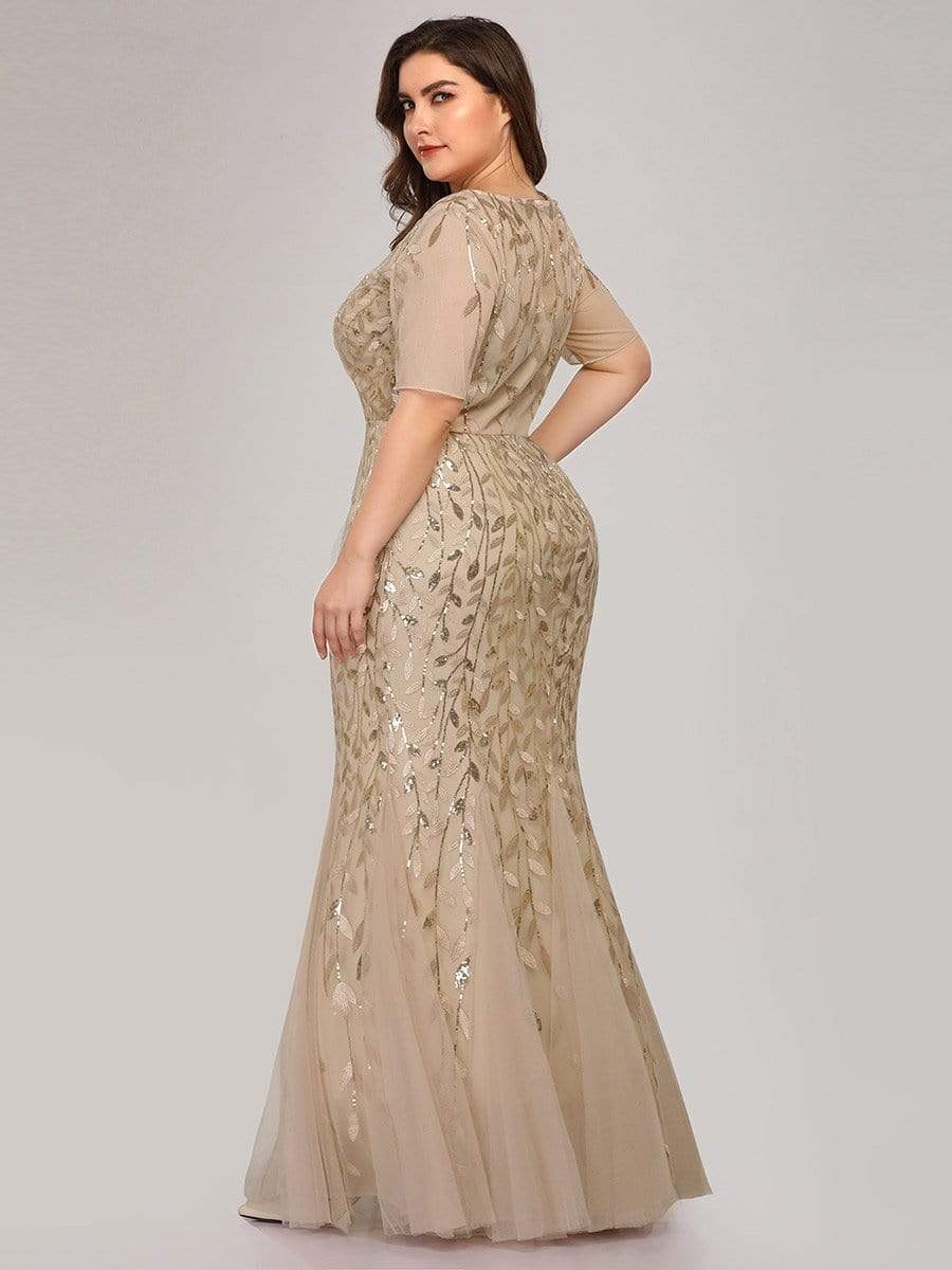 COLOR=Gold | Floral Sequin Print Maxi Long Plus Size Mermaid Tulle Dresses-Gold 4