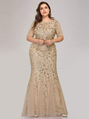 COLOR=Gold | Floral Sequin Print Maxi Long Fishtail Tulle Dresses With Half Sleeve-Gold 10