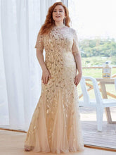 COLOR=Gold | Floral Sequin Print Maxi Long Plus Size Mermaid Tulle Dresses-Gold 1