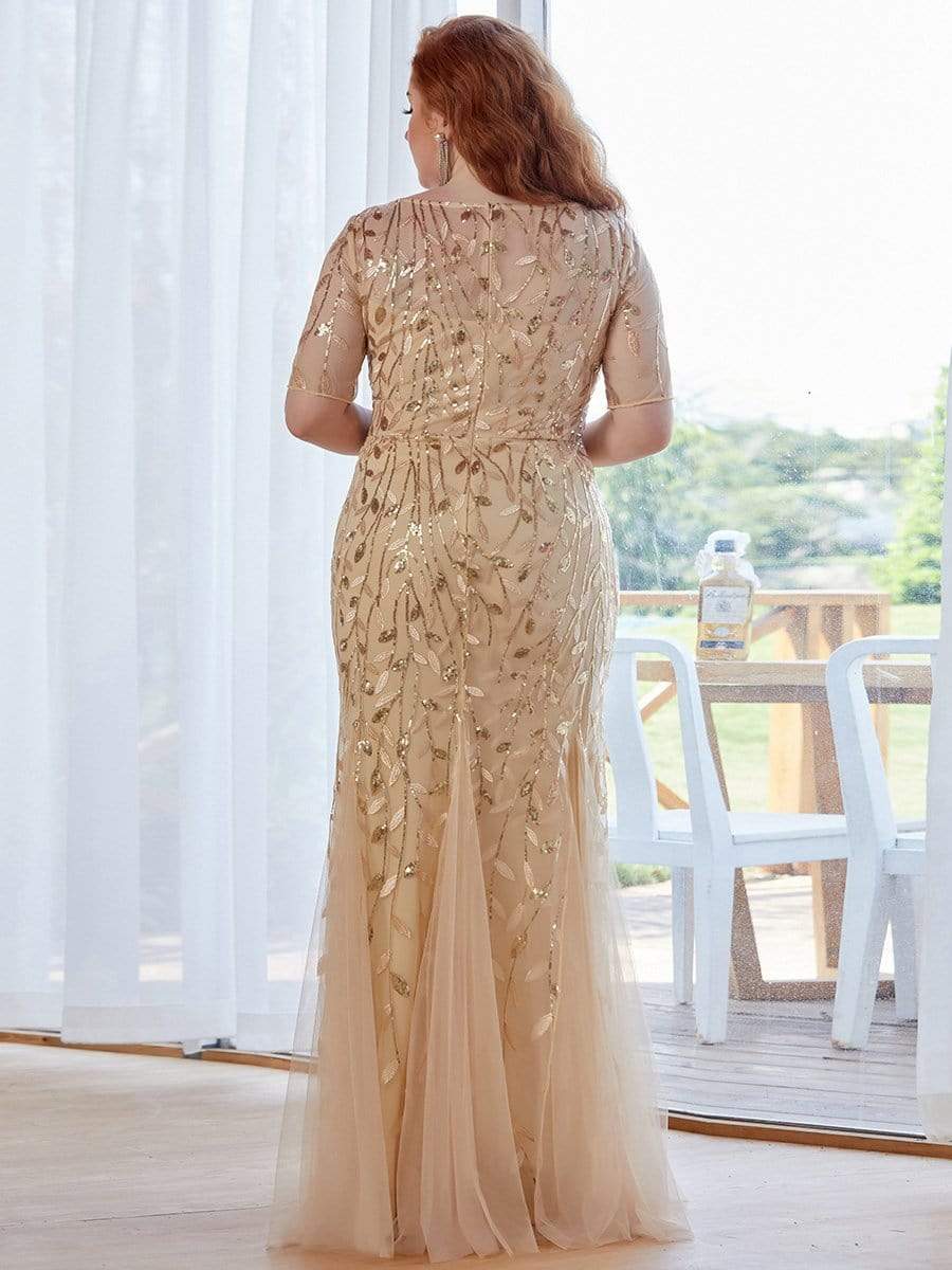COLOR=Gold | Floral Sequin Print Maxi Long Plus Size Mermaid Tulle Dresses-Gold 2