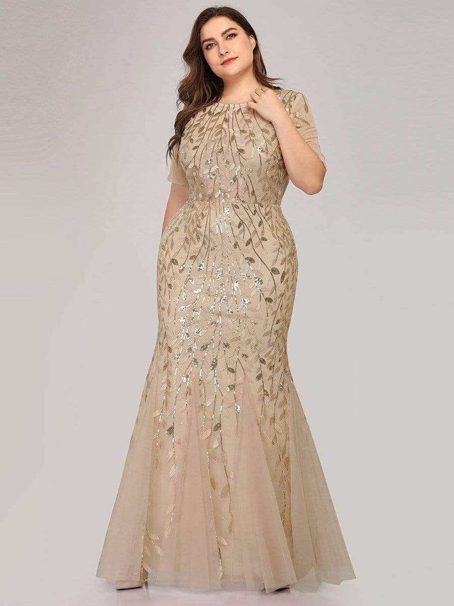 COLOR=Gold | Floral Sequin Print Maxi Long Plus Size Mermaid Tulle Dresses-Gold 3