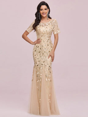 COLOR=Gold | Floral Sequin Print Maxi Long Fishtail Tulle Dresses With Half Sleeve-Gold 4