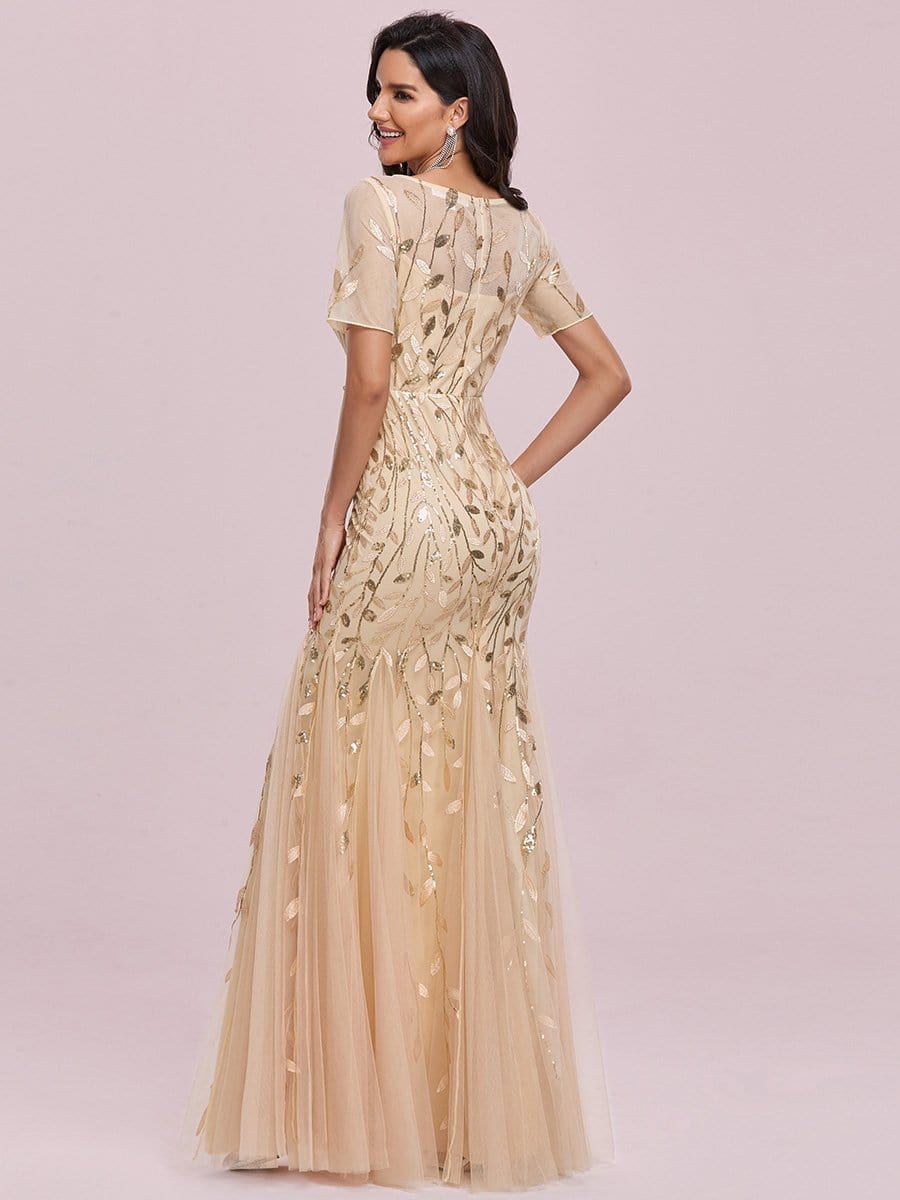 COLOR=Gold | Floral Sequin Print Maxi Long Fishtail Tulle Dresses With Half Sleeve-Gold 5