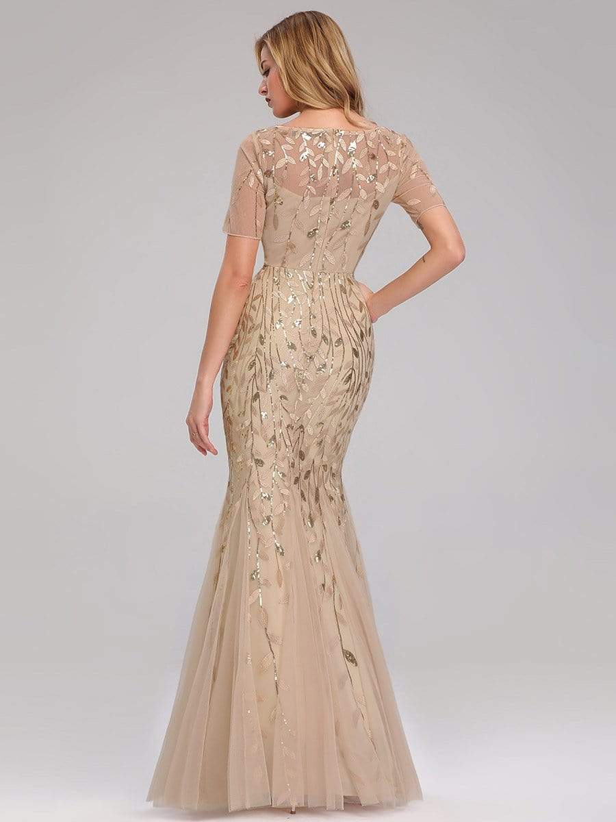 COLOR=Gold | Floral Sequin Print Maxi Long Fishtail Tulle Dresses With Half Sleeve-Gold 7
