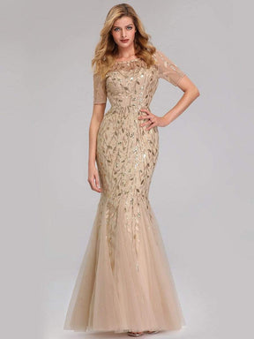 COLOR=Gold | Floral Sequin Print Maxi Long Fishtail Tulle Dresses With Half Sleeve-Gold 6