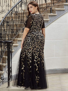 COLOR=Black & Gold | Floral Sequin Print Maxi Long Plus Size Mermaid Tulle Dresses-Black & Gold 2
