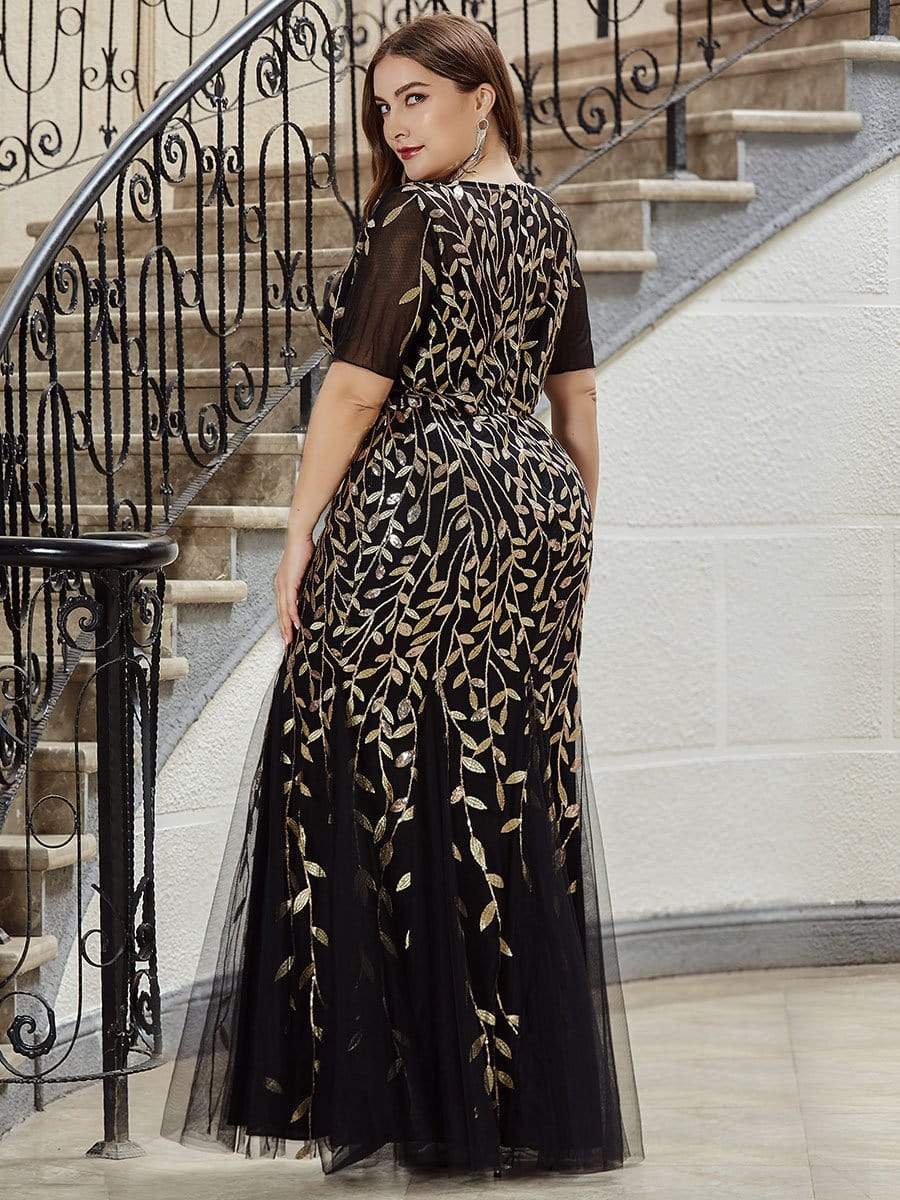 COLOR=Black & Gold | Floral Sequin Print Maxi Long Fishtail Tulle Dresses With Half Sleeve-Black & Gold 5