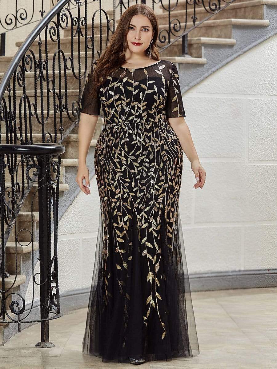 COLOR=Black & Gold | Floral Sequin Print Maxi Long Plus Size Mermaid Tulle Dresses-Black & Gold 1