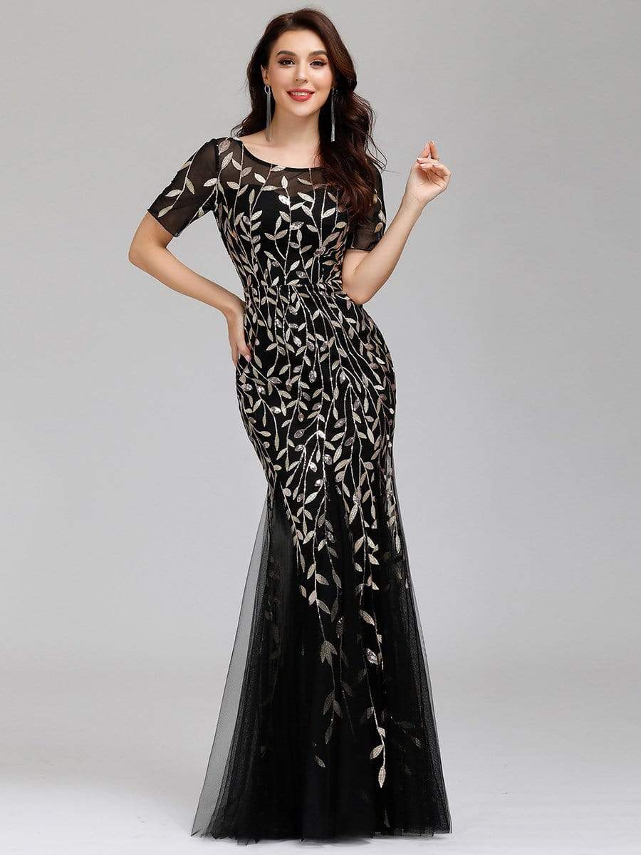 COLOR=Black & Gold | Floral Sequin Print Maxi Long Fishtail Tulle Dresses With Half Sleeve-Black & Gold 1