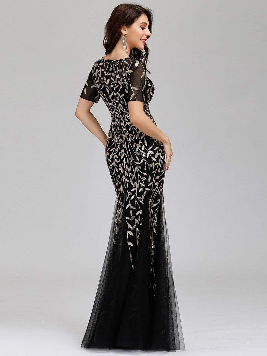 COLOR=Black & Gold | Floral Sequin Print Maxi Long Fishtail Tulle Dresses With Half Sleeve-Black & Gold 2