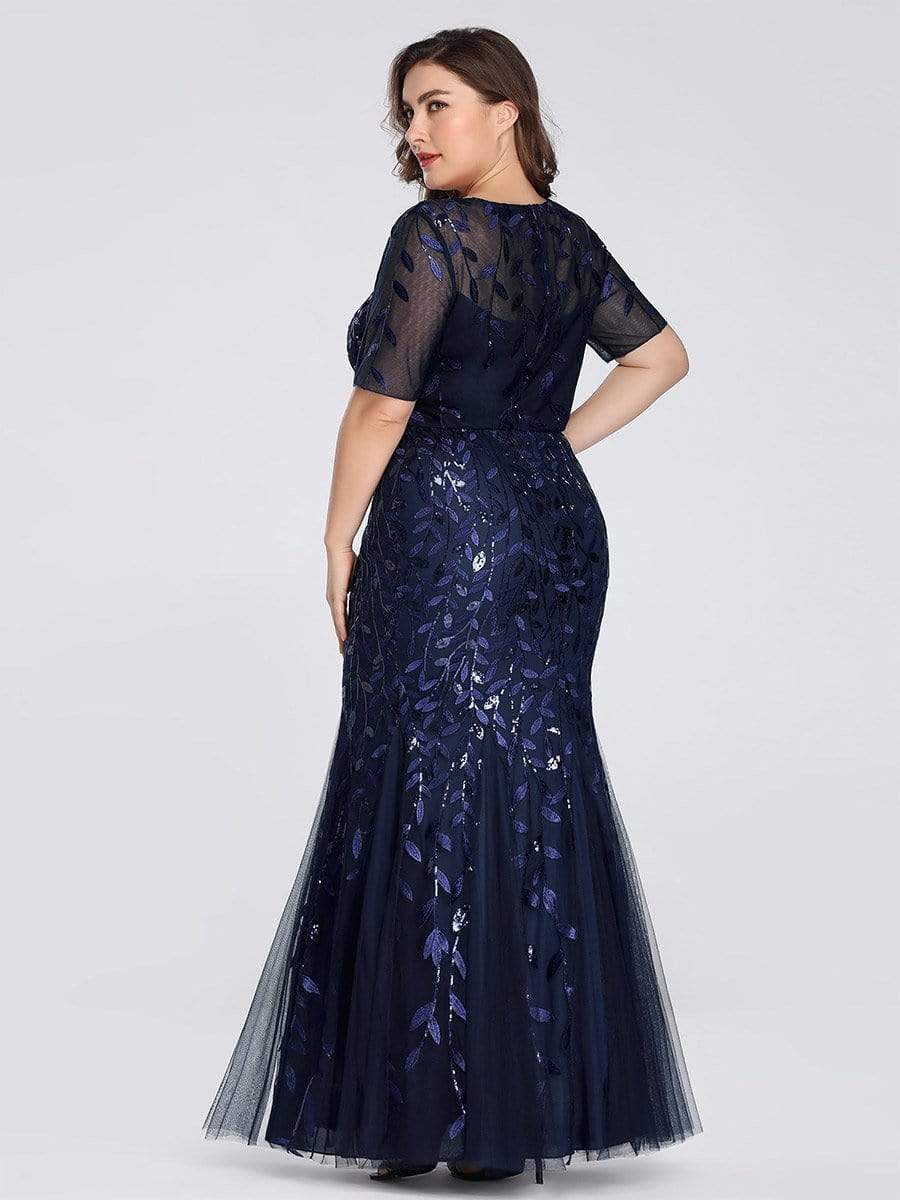 COLOR=Navy Blue | Floral Sequin Print Maxi Long Fishtail Tulle Dresses With Half Sleeve-Navy Blue 7