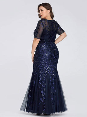 COLOR=Navy Blue | Floral Sequin Print Maxi Long Plus Size Mermaid Tulle Dresses-Navy Blue 2