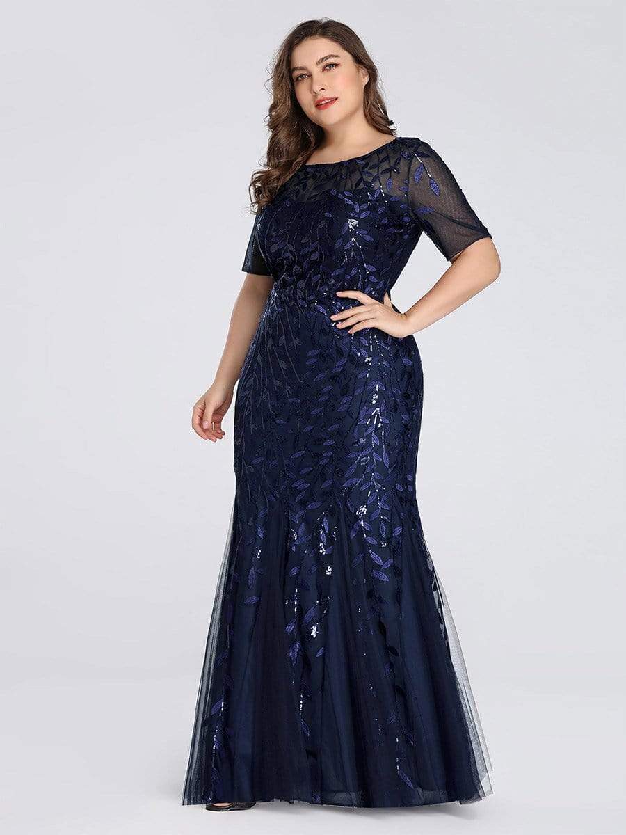 COLOR=Navy Blue | Floral Sequin Print Maxi Long Plus Size Mermaid Tulle Dresses-Navy Blue 3