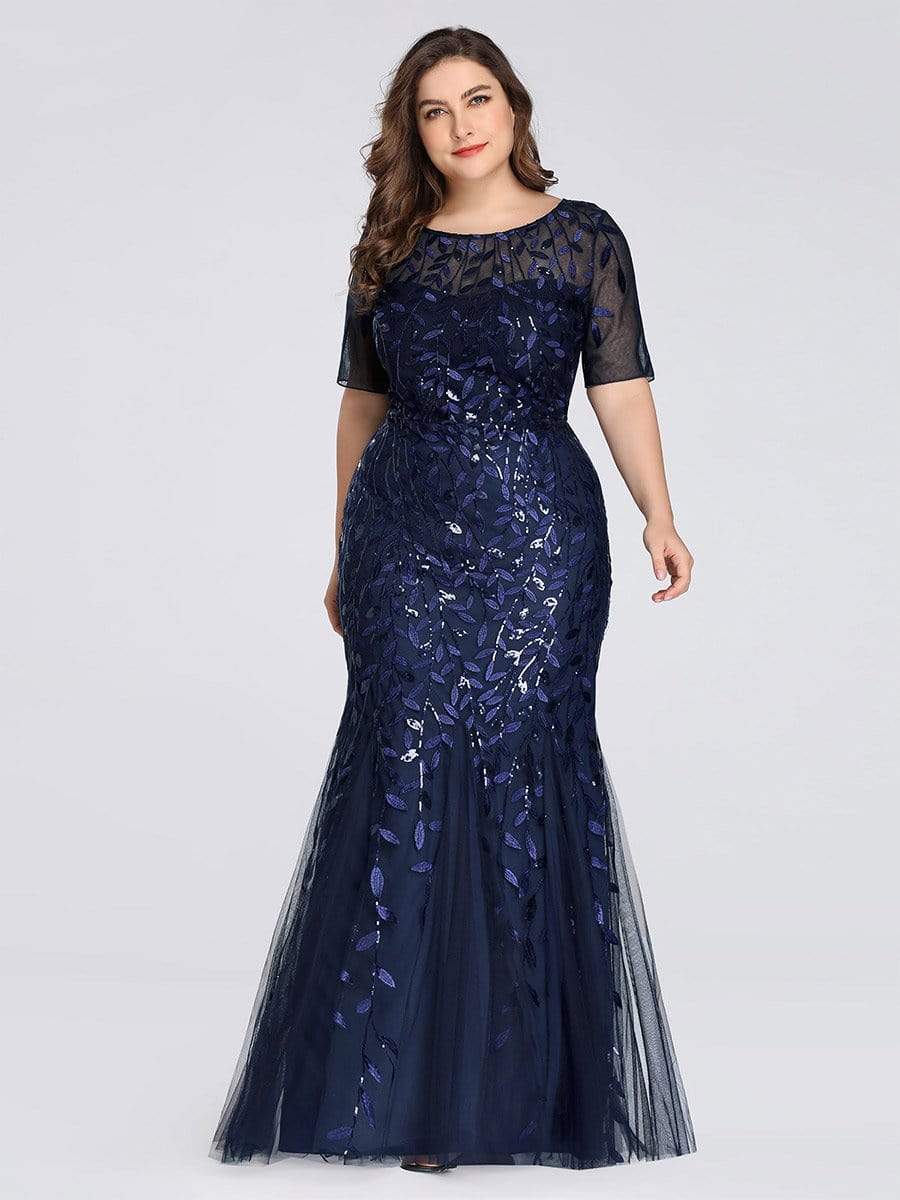 COLOR=Navy Blue | Floral Sequin Print Maxi Long Plus Size Mermaid Tulle Dresses-Navy Blue 4