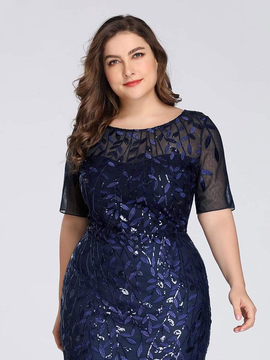 COLOR=Navy Blue | Floral Sequin Print Maxi Long Plus Size Mermaid Tulle Dresses-Navy Blue 5