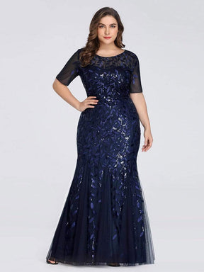 COLOR=Navy Blue | Floral Sequin Print Maxi Long Fishtail Tulle Dresses With Half Sleeve-Navy Blue 6