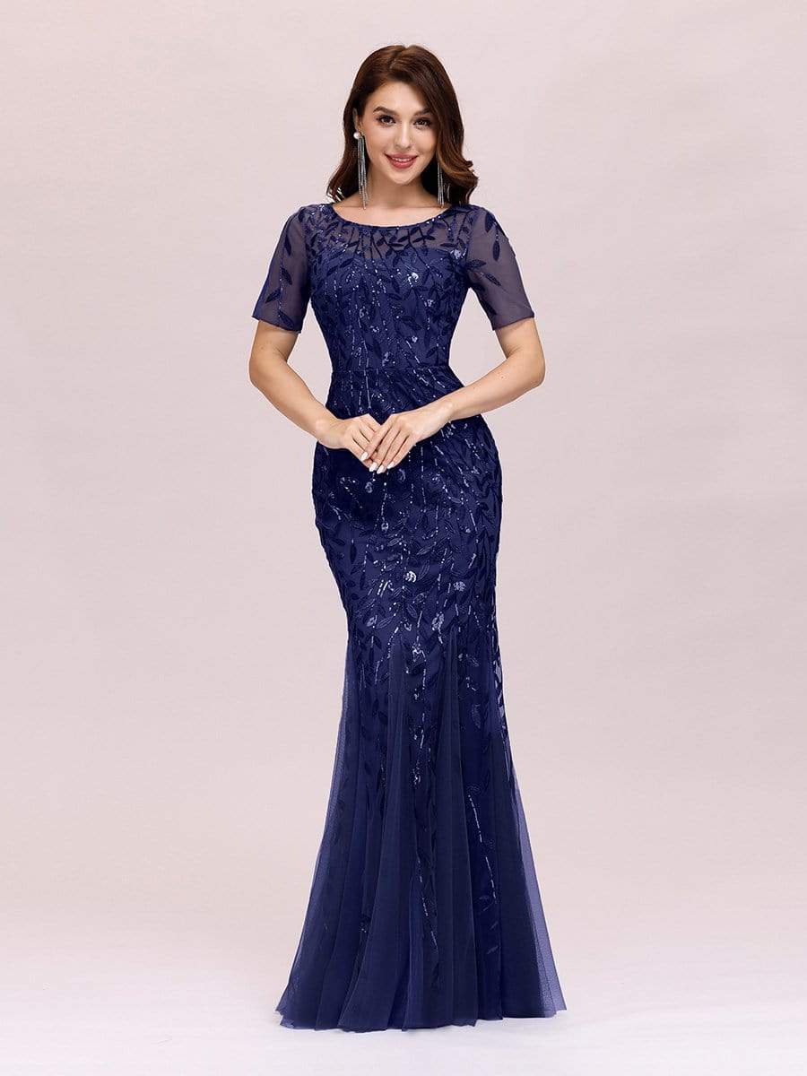 COLOR=Navy Blue | Floral Sequin Print Maxi Long Fishtail Tulle Dresses With Half Sleeve-Navy Blue 3