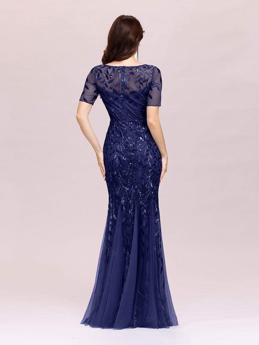 COLOR=Navy Blue | Floral Sequin Print Maxi Long Fishtail Tulle Dresses With Half Sleeve-Navy Blue 4