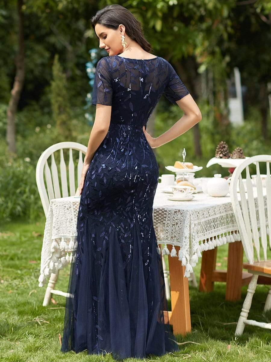 COLOR=Navy Blue | Floral Sequin Print Maxi Long Fishtail Tulle Dresses With Half Sleeve-Navy Blue 2
