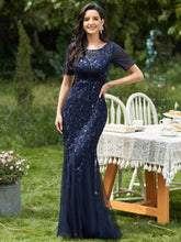 COLOR=Navy Blue | Floral Sequin Print Maxi Long Fishtail Tulle Dresses With Half Sleeve-Navy Blue 1