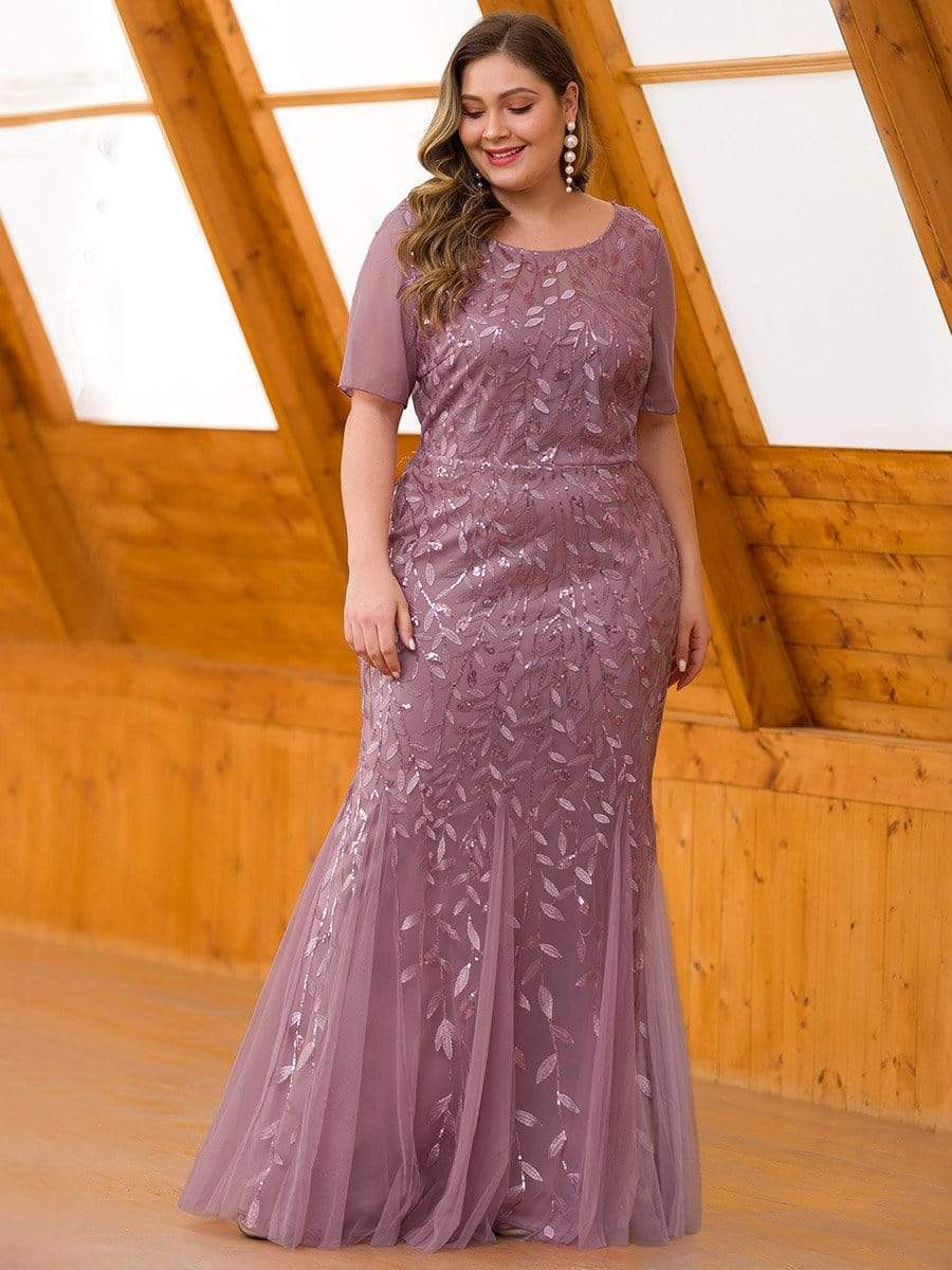 COLOR=Purple Orchid | Floral Sequin Print Maxi Long Plus Size Mermaid Tulle Dresses-Purple Orchid 3