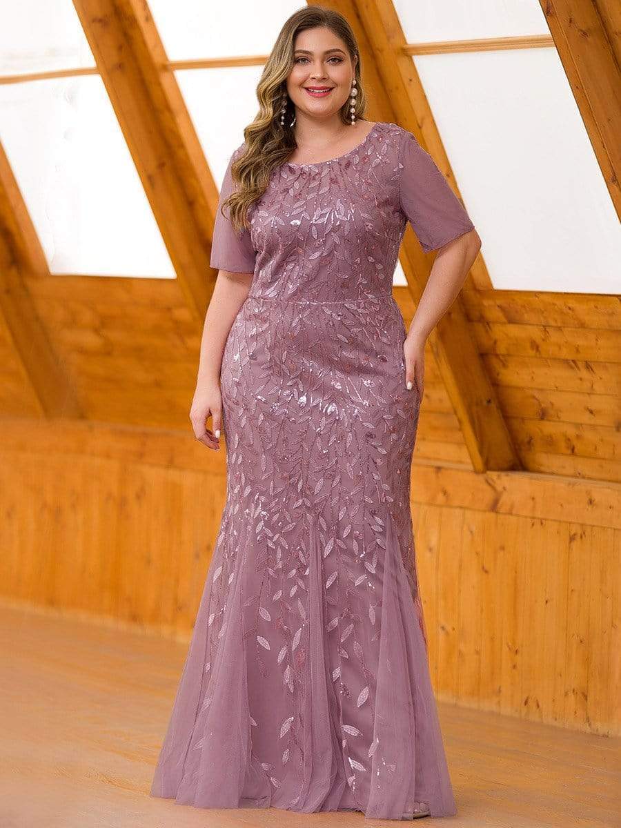 COLOR=Purple Orchid | Floral Sequin Print Maxi Long Plus Size Mermaid Tulle Dresses-Purple Orchid 4