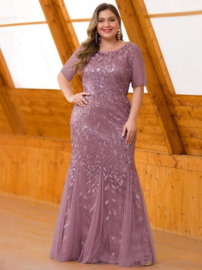 COLOR=Purple Orchid | Floral Sequin Print Maxi Long Fishtail Tulle Dresses With Half Sleeve-Purple Orchid 6