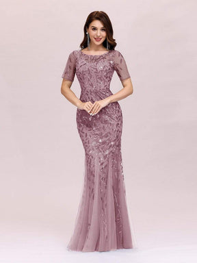 COLOR=Purple Orchid | Floral Sequin Print Maxi Long Fishtail Tulle Dresses With Half Sleeve-Purple Orchid 3