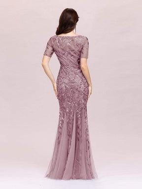 COLOR=Purple Orchid | Floral Sequin Print Maxi Long Fishtail Tulle Dresses With Half Sleeve-Purple Orchid 4