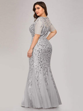 COLOR=Silver | Floral Sequin Print Maxi Long Fishtail Tulle Dresses With Half Sleeve-Silver 7