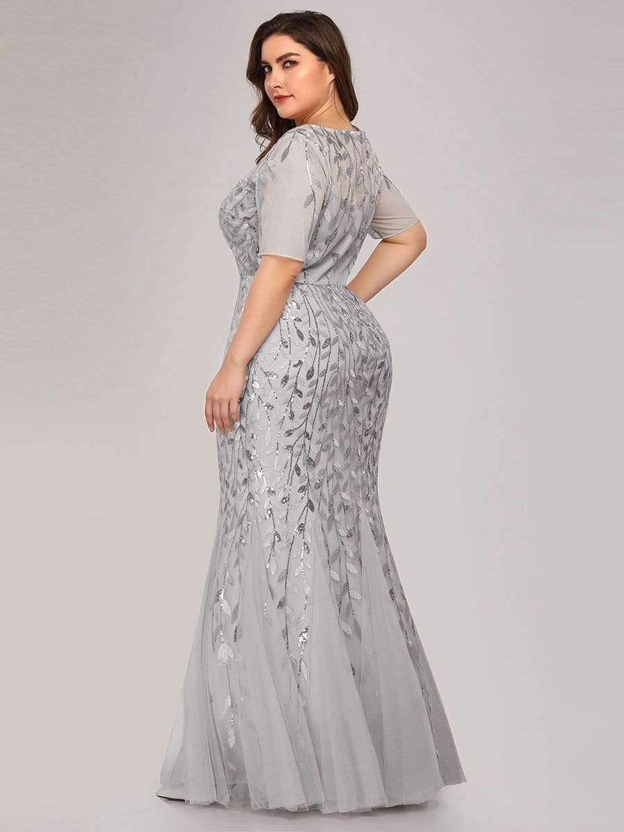 COLOR=Silver | Floral Sequin Print Maxi Long Fishtail Tulle Dresses With Half Sleeve-Silver 7