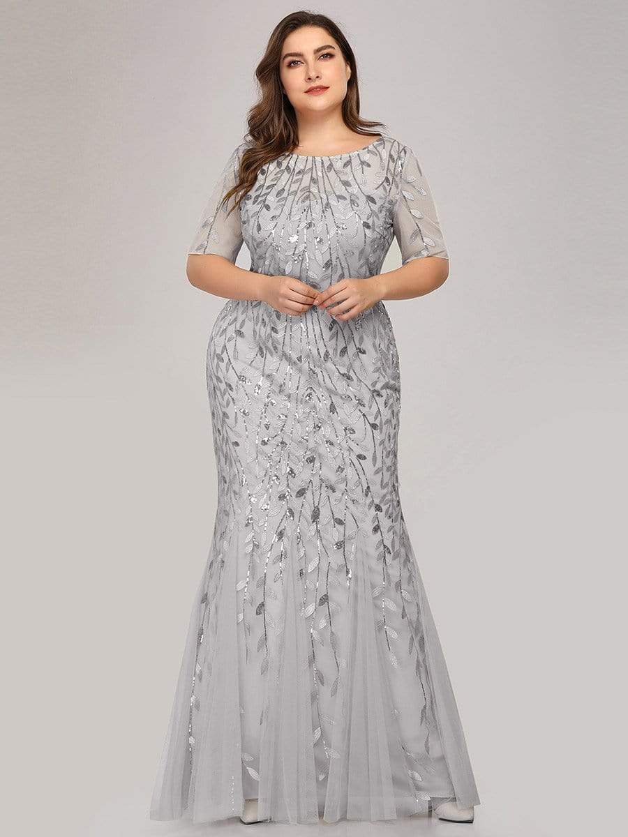 COLOR=Silver | Floral Sequin Print Maxi Long Plus Size Mermaid Tulle Dresses-Silver 3