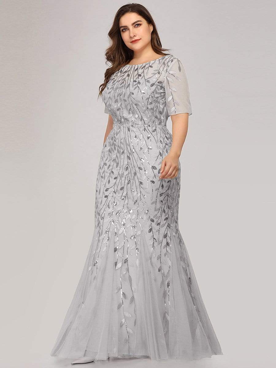 COLOR=Silver | Floral Sequin Print Maxi Long Plus Size Mermaid Tulle Dresses-Silver 4