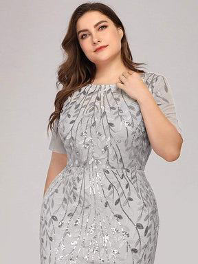 COLOR=Silver | Floral Sequin Print Maxi Long Plus Size Mermaid Tulle Dresses-Silver 5