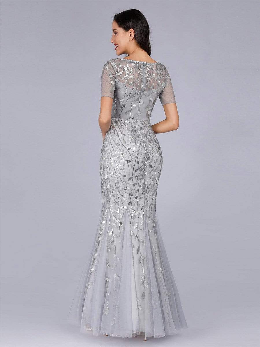 COLOR=Silver | Floral Sequin Print Maxi Long Fishtail Tulle Dresses With Half Sleeve-Silver 4