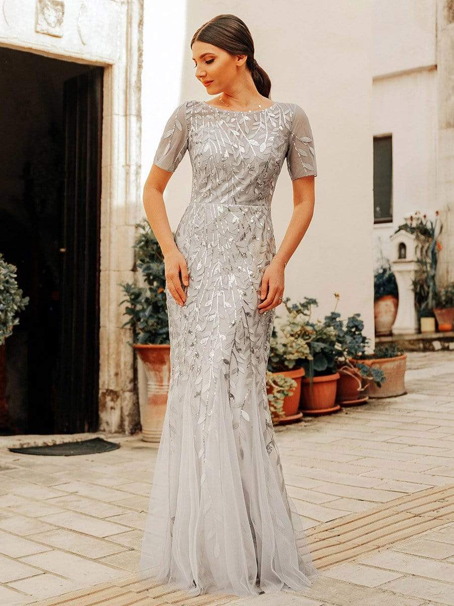 COLOR=Silver | Floral Sequin Print Maxi Long Fishtail Tulle Dresses With Half Sleeve-Silver 1