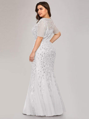 COLOR=White | Floral Sequin Print Maxi Long Fishtail Tulle Dresses With Half Sleeve-White 7