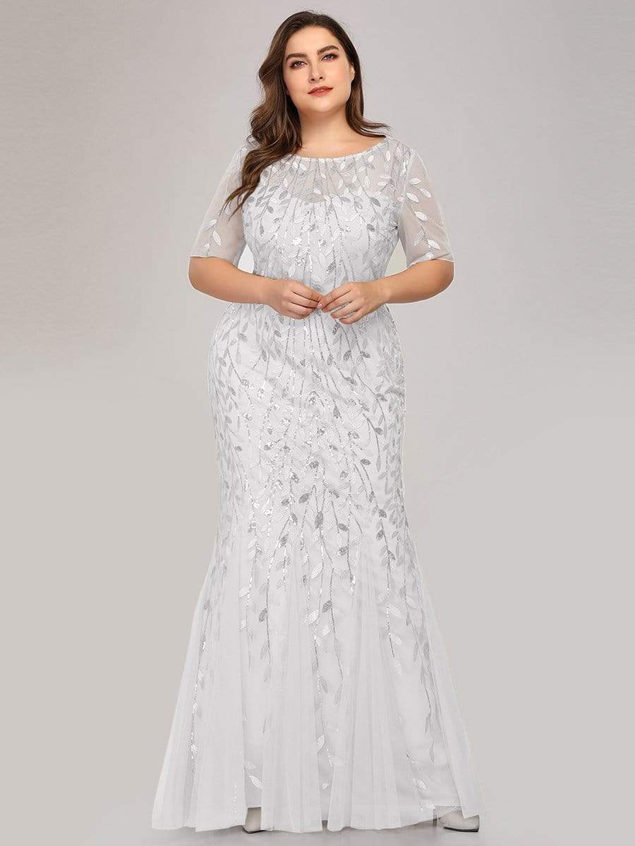COLOR=White | Floral Sequin Print Maxi Long Plus Size Mermaid Tulle Dresses-White 3