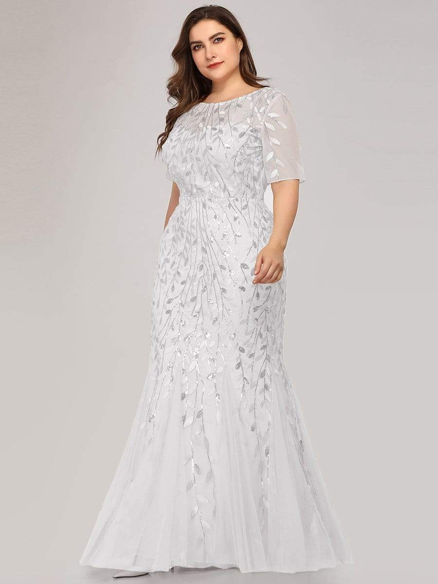 COLOR=White | Floral Sequin Print Maxi Long Plus Size Mermaid Tulle Dresses-White 4