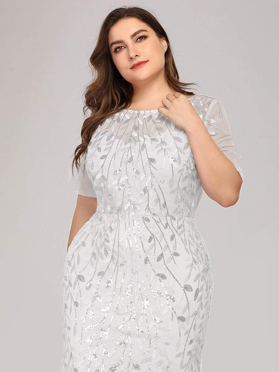 COLOR=White | Floral Sequin Print Maxi Long Plus Size Mermaid Tulle Dresses-White 5