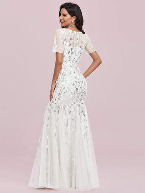COLOR=White | Floral Sequin Print Maxi Long Fishtail Tulle Dresses With Half Sleeve-White 2