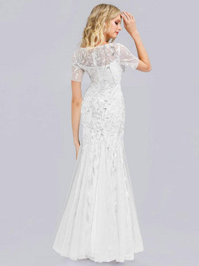 COLOR=White | Floral Sequin Print Maxi Long Fishtail Tulle Dresses With Half Sleeve-White 4