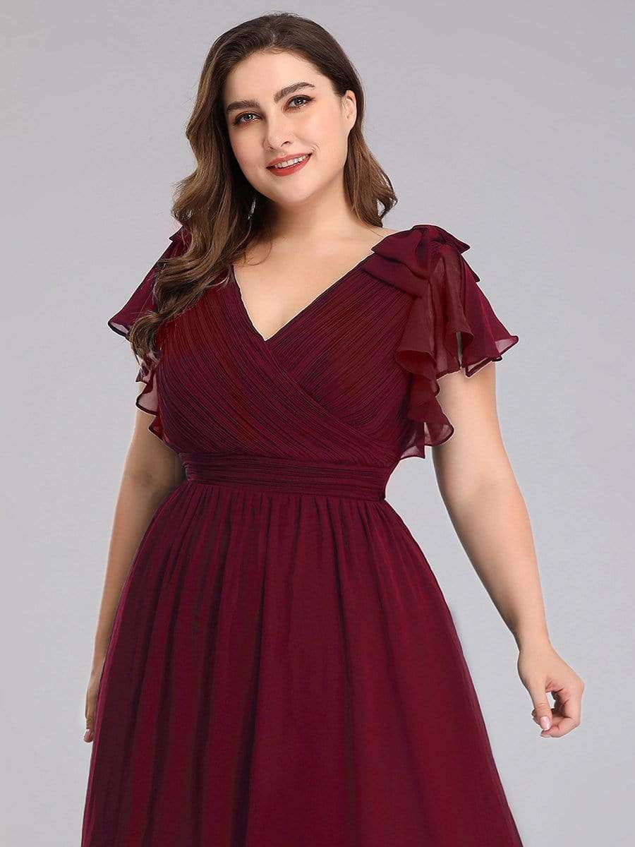 Color=Burgundy | Plus Size Ruffles Sleeves Evening Dress-Burgundy 5