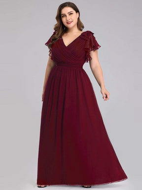 Color=Burgundy | Plus Size Ruffles Sleeves Evening Dress-Burgundy 1