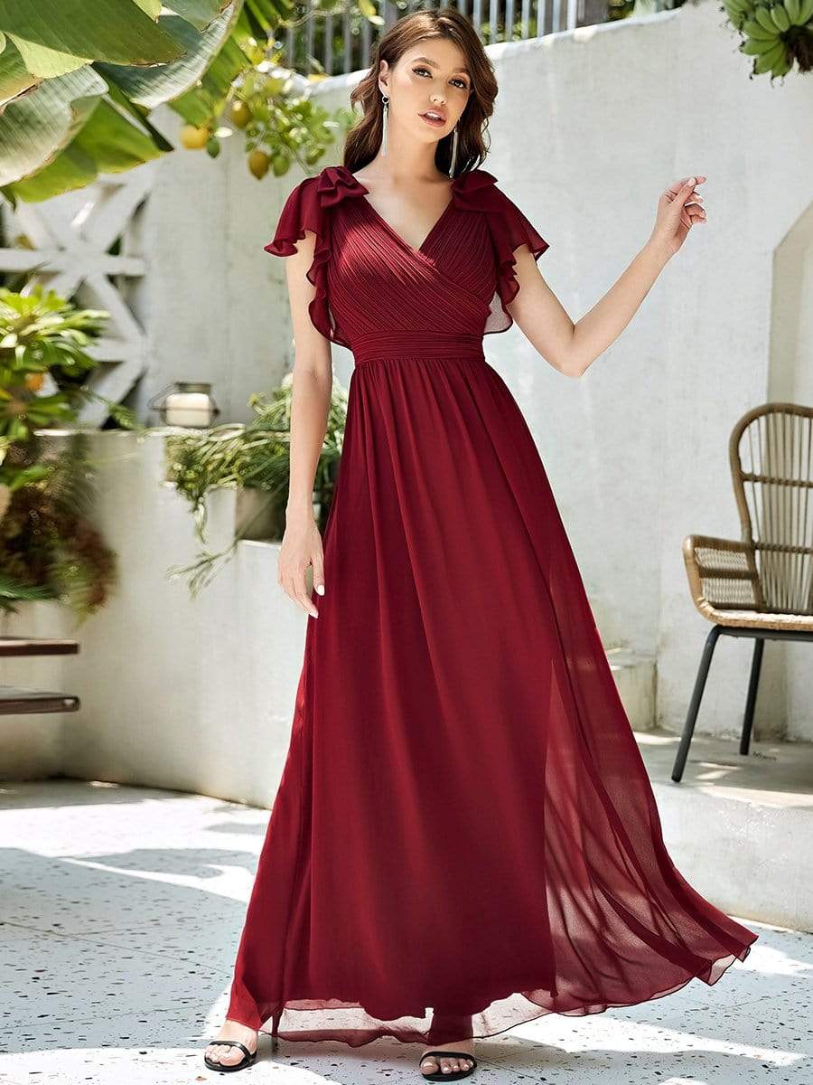 Color=Burgundy | Ruffles Sleeves Evening Dress-Burgundy 1