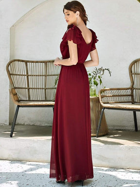 Color=Burgundy | Ruffles Sleeves Evening Dress-Burgundy 2
