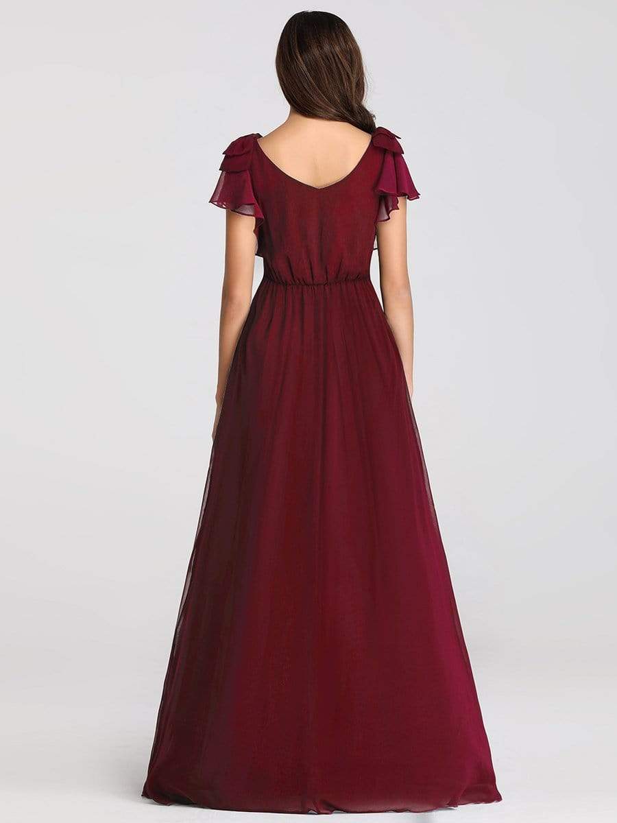 Color=Burgundy | Ruffles Sleeves Evening Dress-Burgundy 6