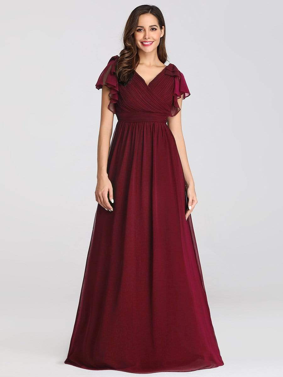Color=Burgundy | Ruffles Sleeves Evening Dress-Burgundy 4