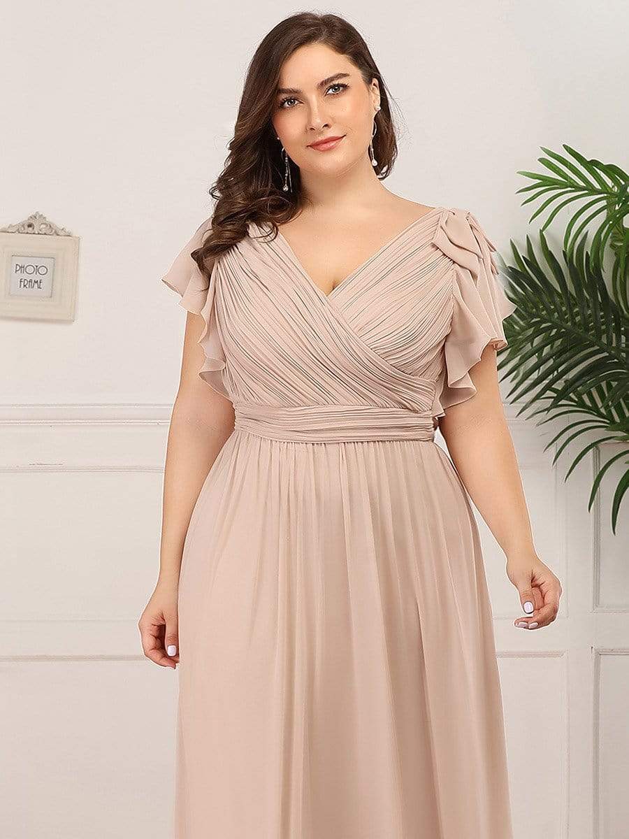 Color=Blush | Plus Size Ruffles Sleeves Evening Dress-Blush 5